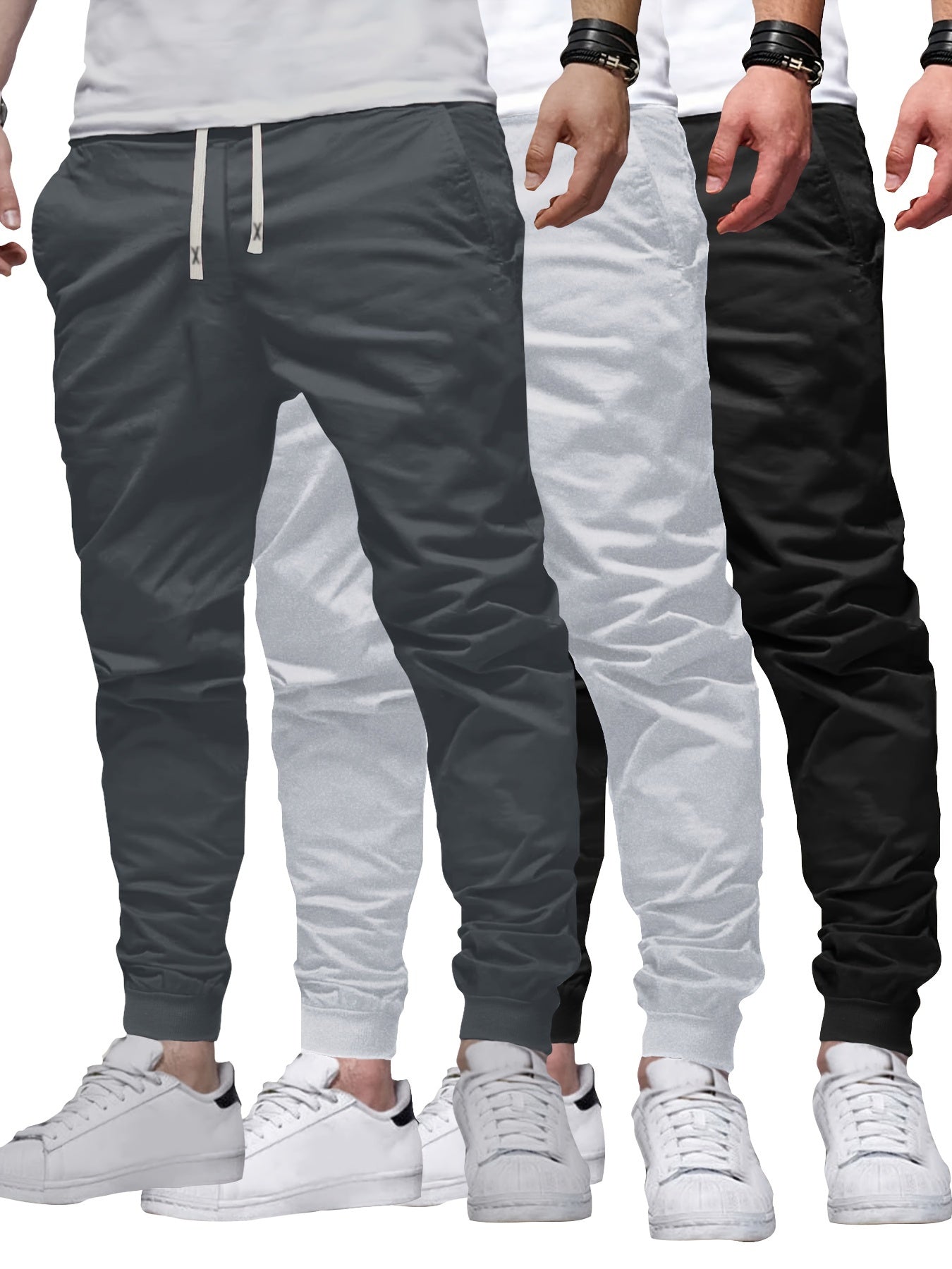 3pcs Solid Color Men's Regular Fit Jogger Sweatpants With Drawstring And Pockets, Chic And Trendy Trousers For Spring And Autumn Outdoors And Sports Wear