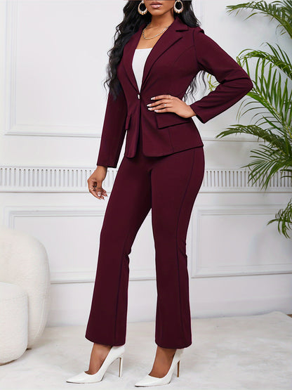 Elegant &amp; Chic Women's Work Suit Set - Long Sleeve Blazer with Faux Pockets &amp; Straight-Leg Pants, Stretchy Polyester Blend, Machine Washable