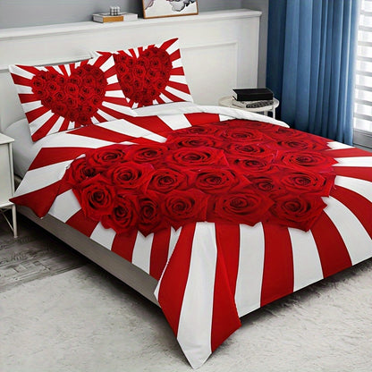 3pcs Romantic Red & White Rose Floral Print Bedding Set - Includes 1 Duvet Cover & 2 Pillowcases, Breathable Polyester, All-Season Comfort, HD Print for Home & Dorm Decor, Bed Accessories