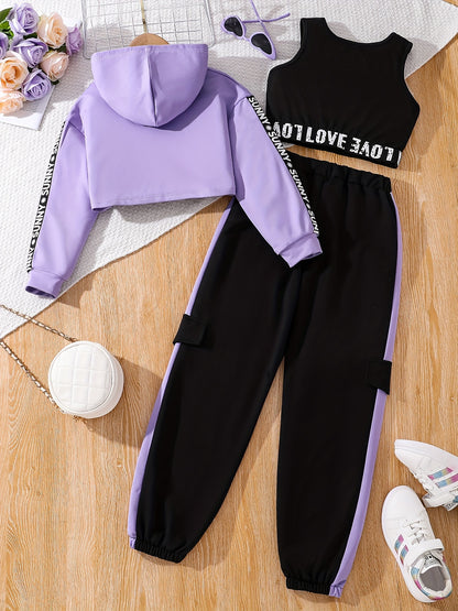 Sportwear 3-Piece Girl's Letter Taping Hoodie + Tank + Jogger Trousers Set - Versatile Comfy For Casual Outdoor Wear, Gift Idea