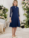 Elegant Girls' Lace-Trimmed Pleated Dress with Keyhole Neckline - Perfect for Parties, Spring & Fall - Machine Washable