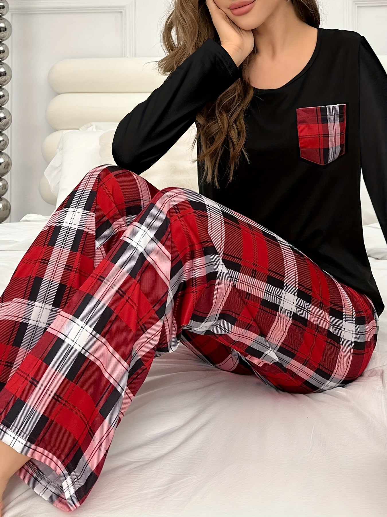 Autumn and Winter Ladies' Pajamas with Long Sleeves and Pants, Tops with Pockets, Plaid Pants, Trousers with Plaid and Printed Patterns, Spring, Summer, Autumn and Winter Casual Home Clothes Set
