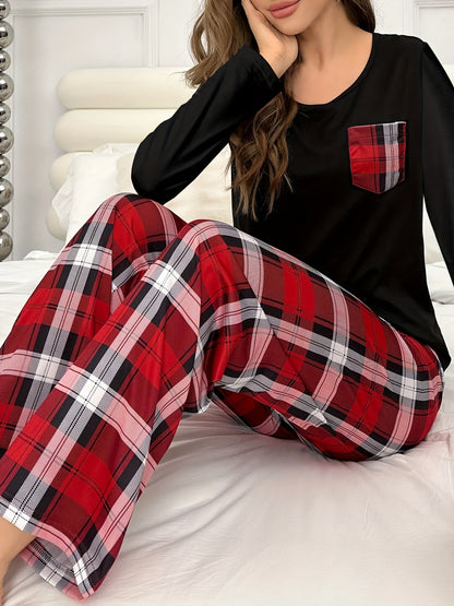 Autumn and Winter Ladies' Pajamas with Long Sleeves and Pants, Tops with Pockets, Plaid Pants, Trousers with Plaid and Printed Patterns, Spring, Summer, Autumn and Winter Casual Home Clothes Set