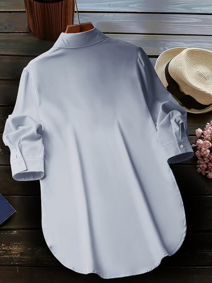 Blusa de talla grande con dobladillo curvo, informal, con cuello abotonado para primavera, ropa de talla grande para mujer.