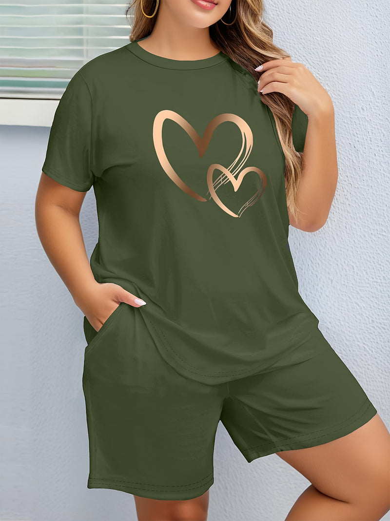 2pcs Women'S Plus Size Casual Outfit - Heart Print Short Sleeve T-Shirt & Pocketed Shorts, Stretchy Waistband, Crew Neck, Soft Fabric, Perfect for Spring/Summer