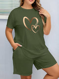 2pcs Women's Plus Size Casual Outfit - Heart Print Short Sleeve T-Shirt & Pocketed Shorts, Stretchy Waistband, Crew Neck, Soft Fabric, Perfect for Spring/Summer