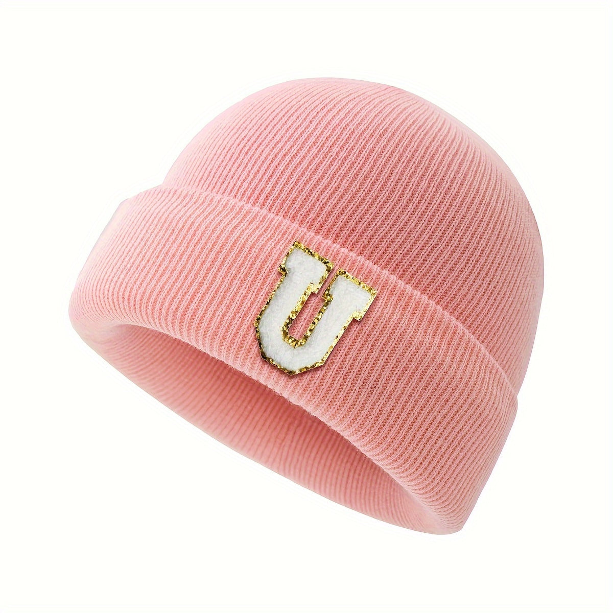 1pc Children's Knitted Hat with 26 Alphabet Letters, Pink Acrylic Stretchable Cap for Toddlers, Hand Washable, Breathable, Daily & Casual Wear, Perfect for Birthday Occasion