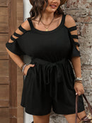 Plus Size Women's Elegant Off-Shoulder Jumpsuit - Stretchy Solid Black Romper with Round Neck, Short Sleeves & Waist Tie, Machine Washable Spring/Summer Casual to Dressy Outfit, Ladies Rompers And Jumpsuits, Seasonal Fashion,