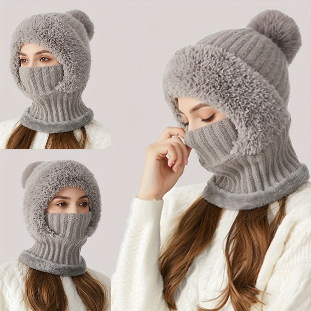 1pc Winter Warmth Acrylic Fleece-Lined Knit Beanie with Ear Flaps, Windproof Neck Gaiter Hood for Outdoor Cycling, Stretchable New Year'S Gift Hat, 100% Acrylic Woven Craftsmanship