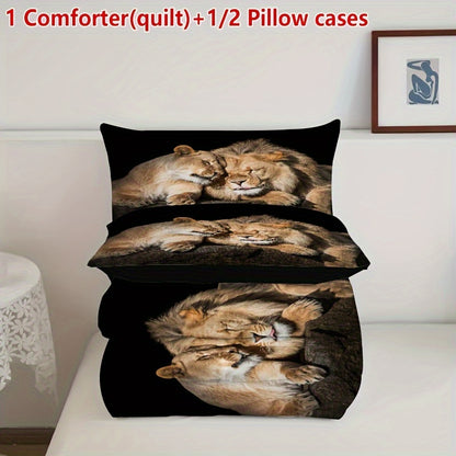 Lion Duvet Cover Set - 2/3 Piece Polyester Comforter with Stain Resistant Feature, Machine Washable, Digital Print, Woven Fabric, Includes 1 Comforter and 1/2 Pillowcases (No Insert)