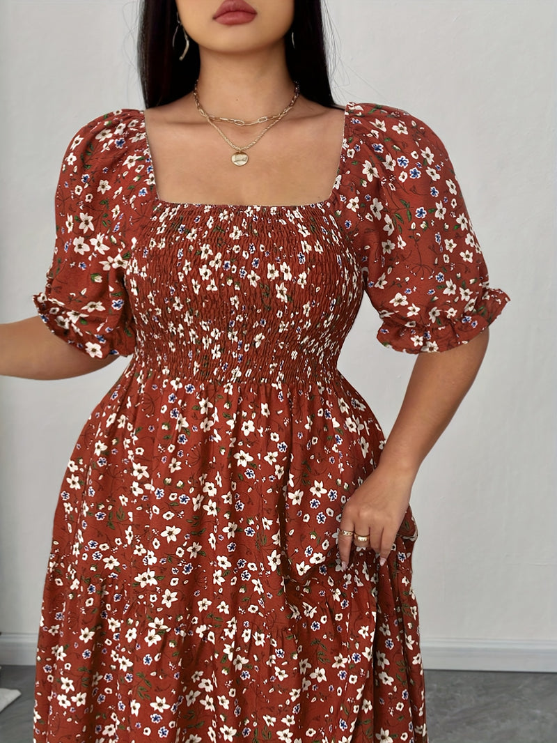 Women's Summer Square Neck Elastic Waist Floral Print Puff Sleeve A-Line Maxi Dress - Lightweight Breathable Machine Washable Plus Size Flowy Long Dress for Beach Vacation & Casual Outings, Beach Dresses