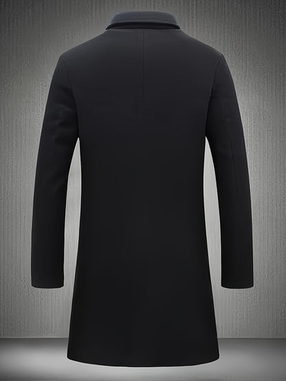 Men'S Classic Single-Breasted Trench Coat, Polyester 100% Solid Color, Casual Lapel Collar, Regular Fit, Non-Stretch Woven Fabric, Business Casual Fall/Winter Outerwear