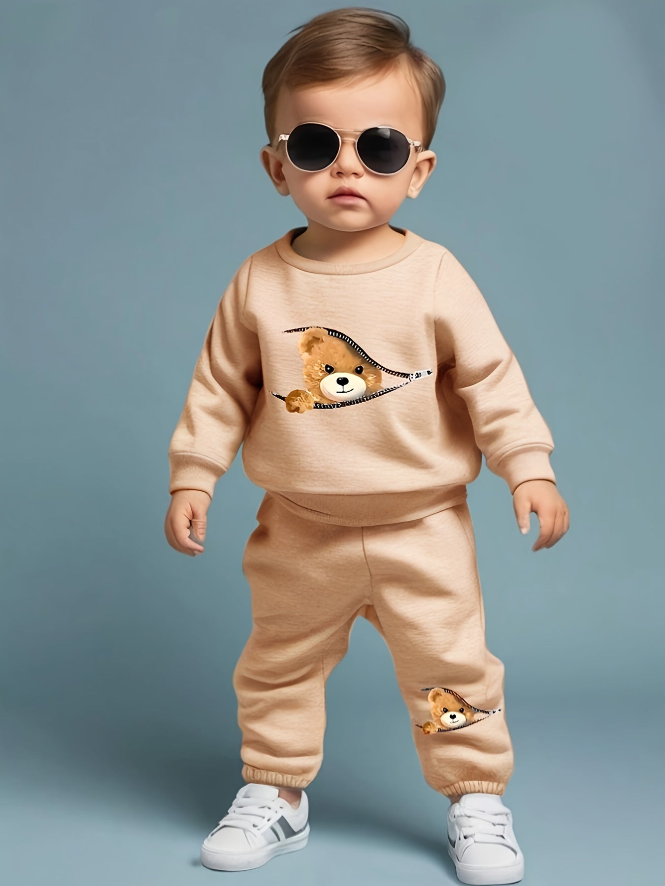 Adorable Bear Print Zip-Up Sweatshirt &amp; Joggers Set for Boys - Cozy Polyester Blend, Machine Washable - Perfect for Fall/Winter, Perfect for Outdoor