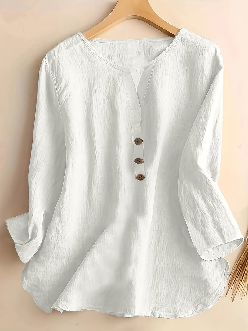 V-Neck Button-Up Top - Loose Fit Solid Color Pullover, Fashionable Casual V-Neck Shirt for Women, Relaxed Fit, Non-Stretch Cotton Linen Blouse