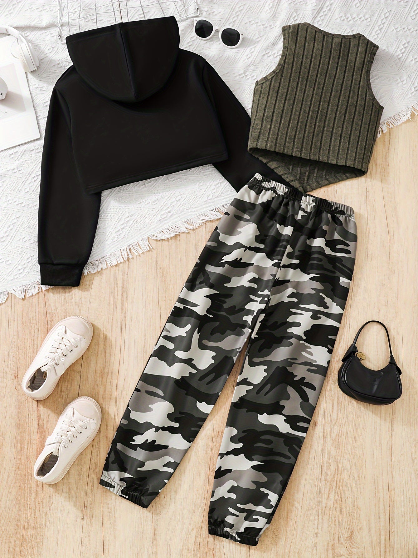 3PCS Girls Trendy Street Wear Style Outfit, Long Sleeve High Low Hoodie + Ribbed Tank Top + Camouflage Pattern Trousers Set For Spring & Fall & Winter Outdoors