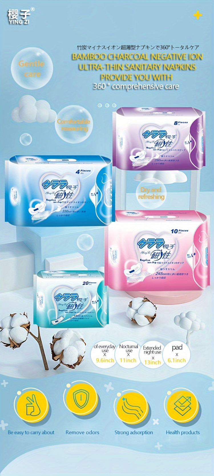 6-Pack Women's Hygiene Sanitary Pads Bundle, Soft Ultra Thin Winged Napkins, Overnight Absorbency, Unscented Menstrual Pads Combo Set, Multi Size, Travel-Friendly - 60/56 Count