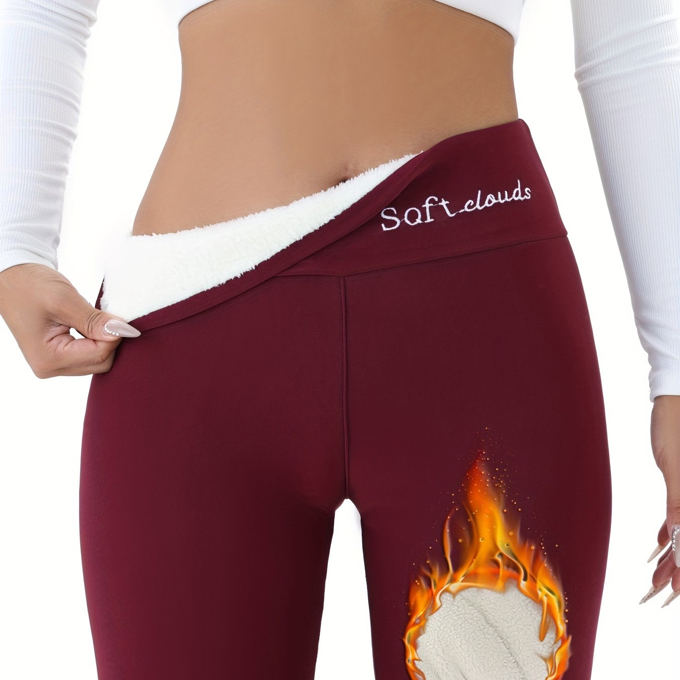 Women's Elegant Embroidered Fleece-Lined Leggings - Soft, Stretchy, Warm Fall & Winter Black Pants with Flame Detail, Plus Size Pants