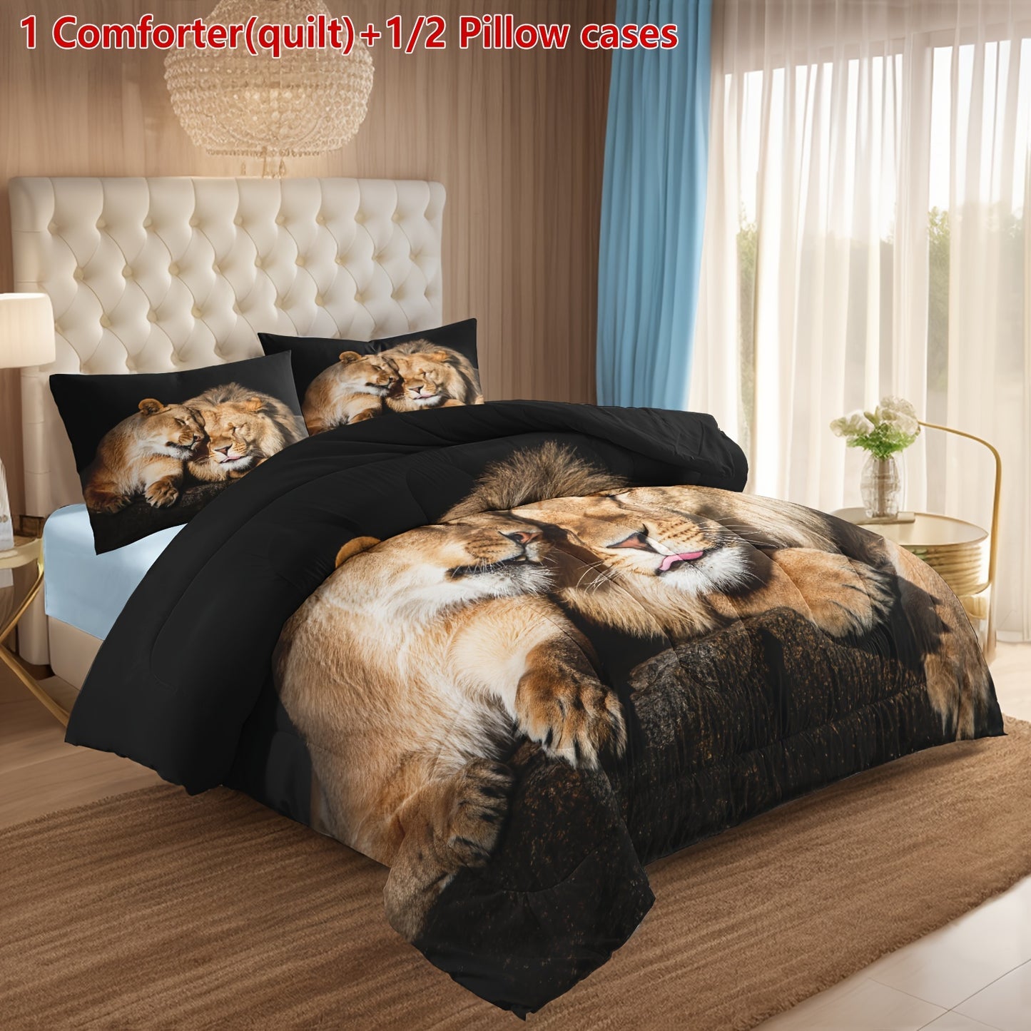 Lion Duvet Cover Set - 2/3 Piece Polyester Comforter with Stain Resistant Feature, Machine Washable, Digital Print, Woven Fabric, Includes 1 Comforter and 1/2 Pillowcases (No Insert)