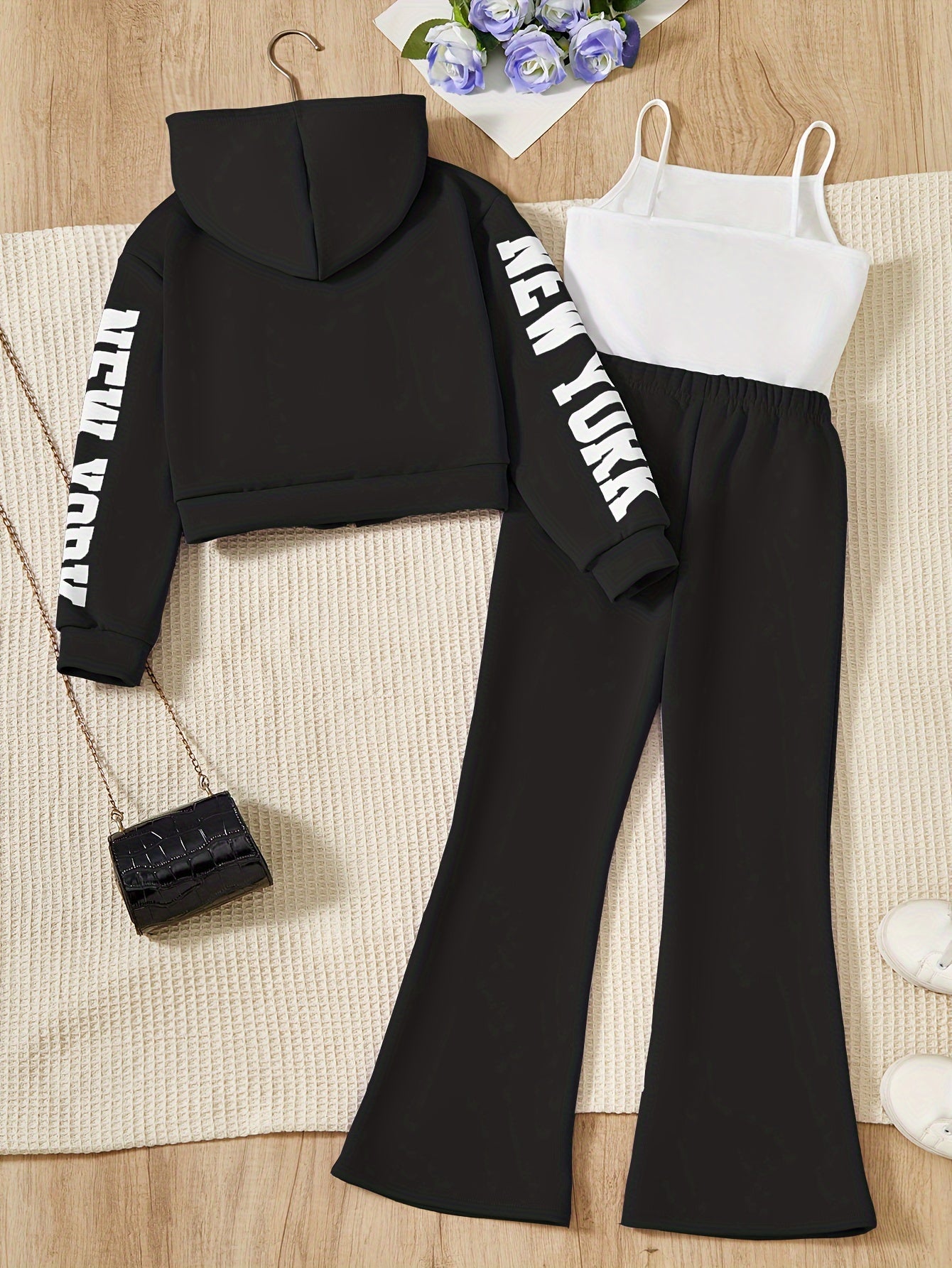 3-Piece Outdoor Sporty Girl's Long Sleeve Zip-up Hoodie + Flared Trousers With Camisole Set - Versatile Comfy For Spring/ Fall Casual Wear, Gift Idea