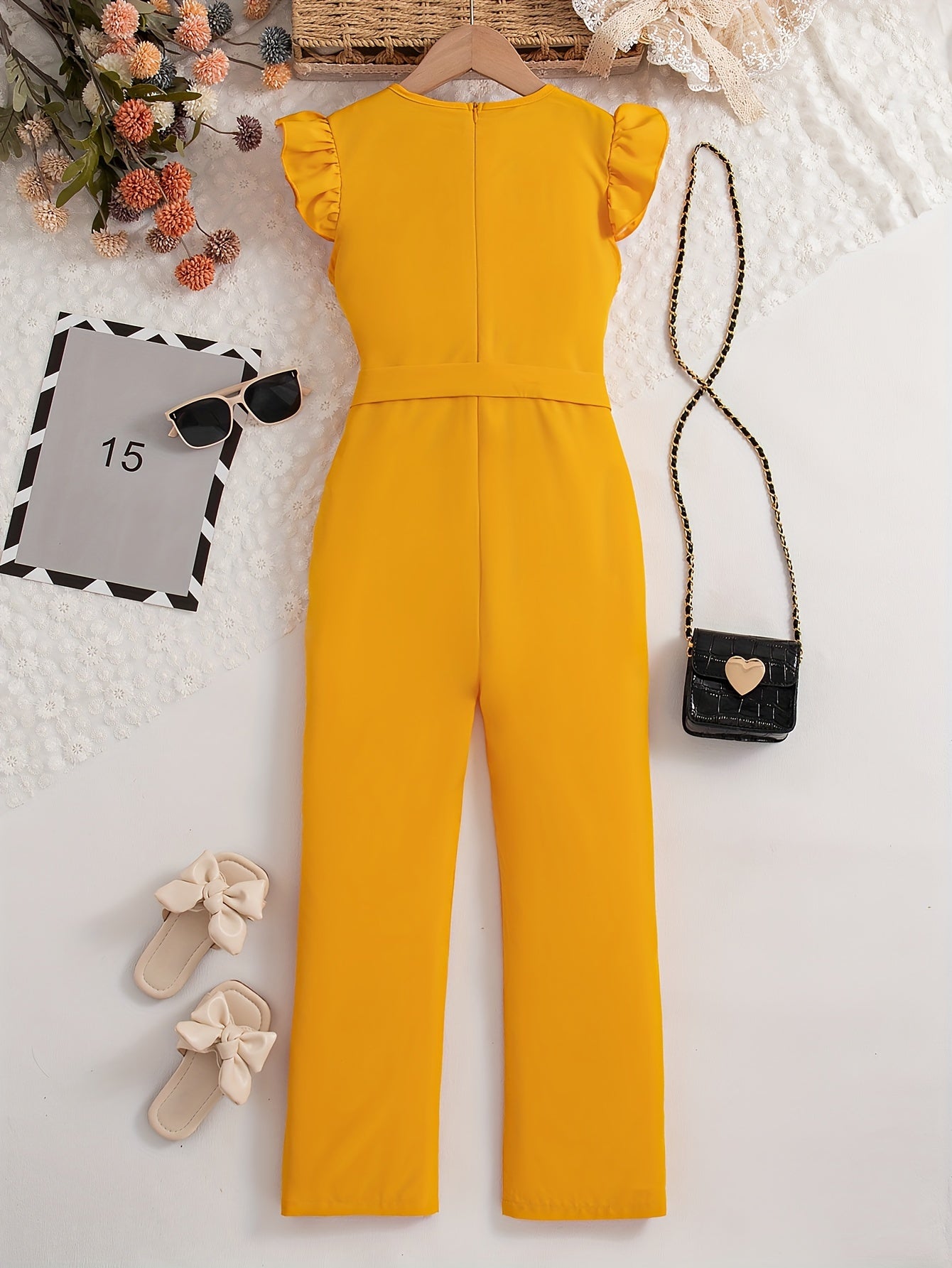 Elegant Girls Solid Belted Flutter Trim Jumpsuit Romper For Summer Party Gift Outdoor