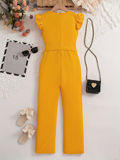 Elegant Girls Solid Belted Flutter Trim Jumpsuit Romper For Summer Party Gift Outdoor