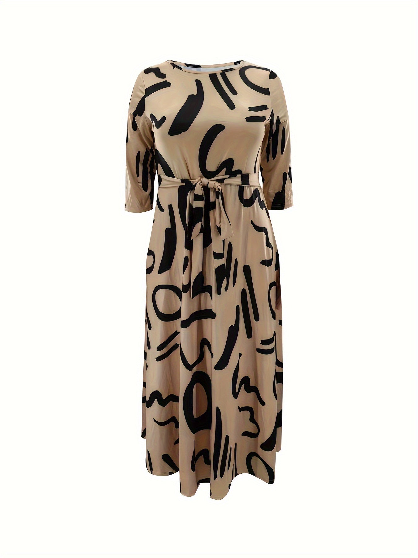 Elegante vestido de poliéster de talla grande con cinturón: cuello redondo elástico cómodo, estilo informal para el fin de semana, dobladillo recto, silueta grande con bolsillos, manga corta, tejido de punto jersey para primavera, verano y otoño.