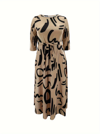 Elegante vestido de poliéster de talla grande con cinturón: cuello redondo elástico cómodo, estilo informal para el fin de semana, dobladillo recto, silueta grande con bolsillos, manga corta, tejido de punto jersey para primavera, verano y otoño.