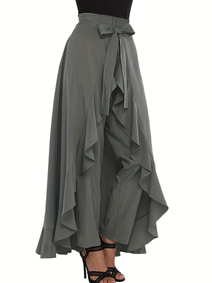 Plus Size Bow Tie Front Pants, Elegant Solid Asymmetrical Wide Leg Skirted Pants, Women's Plus Size Clothing