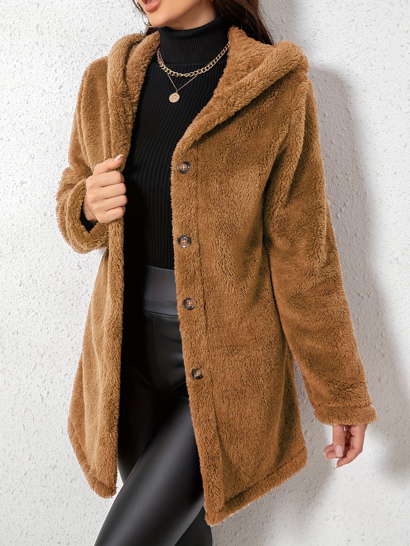 1pc Elegant Women'S Fleece Jacket, Polyester Knit Fabric, Solid Color, Fall/Winter Season, Cozy Warm Outerwear