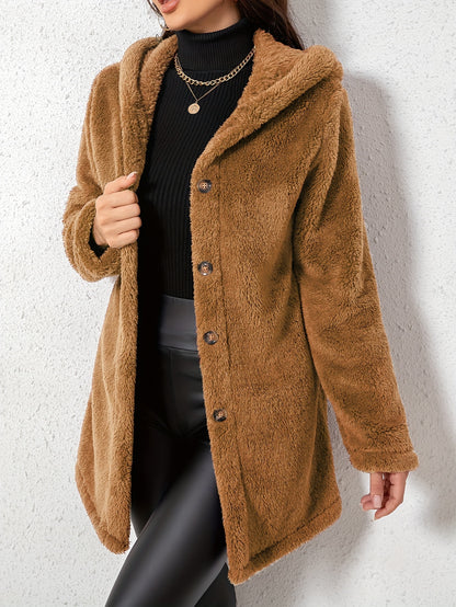 1pc Elegant Women'S Fleece Jacket, Polyester Knit Fabric, Solid Color, Fall/Winter Season, Cozy Warm Outerwear