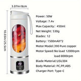 1pc, USB Rechargeable Portable Juicer, Mini Blender, Mini Ice Crusher With Three Modes, Digital Display And 12- Blades, Easy-to-Clean, Suitable For Travel, Fresh Juice Maker, Kitchen Stuff