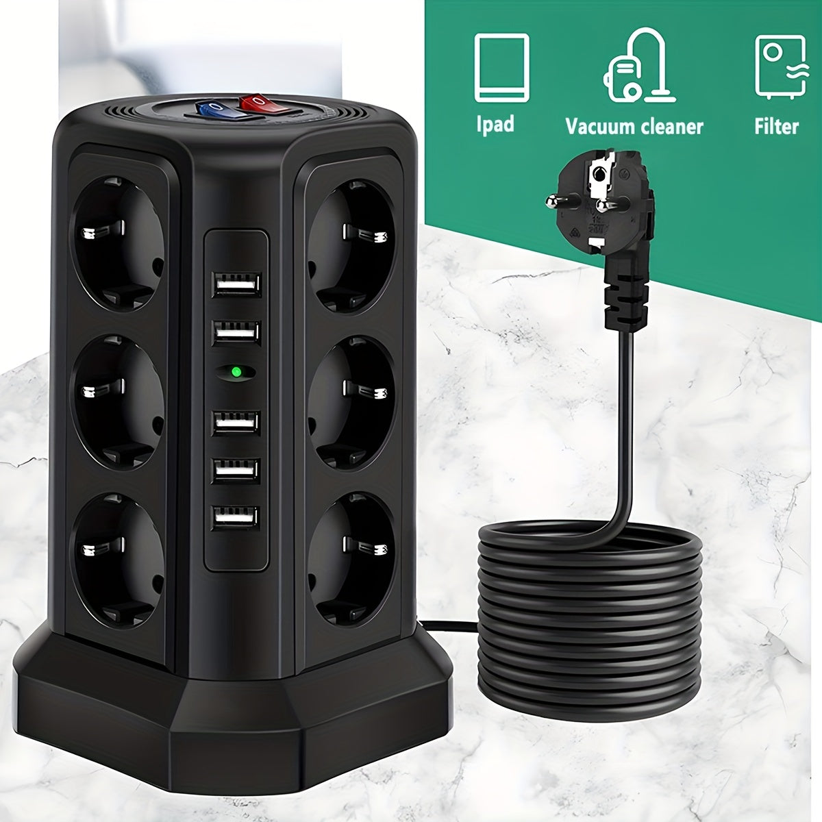Tower Multi Power Strip Vertical EU Plug 12 Way Outlets Sockets With 5 USB Switch Multiple Vertical Power Strip 2 Switches Multi Socket Power Strip, Surge Protection And Short Circuit Protection