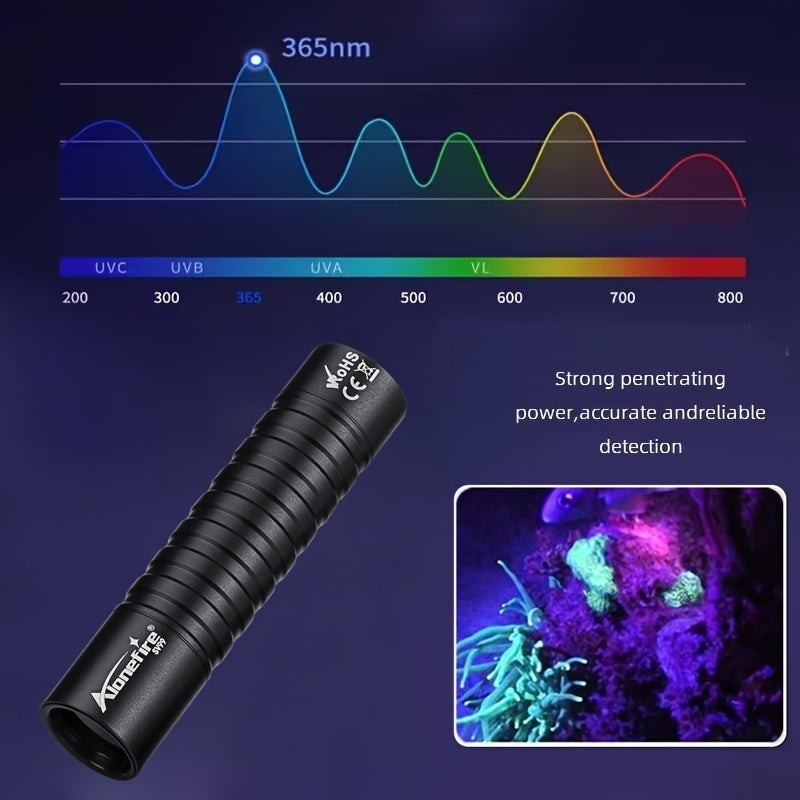 Mini linterna LED UV AloneFire: luz negra dual de 365 nm/395 nm, recargable por USB, linterna de bolsillo de alto brillo para tinta invisible, esmalte de uñas, manchas de mascotas y más.