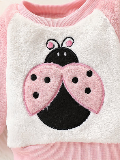 Adorable Ladybug Embroidered Flannel Hoodie & Long Sleeve Top Set for Youngsters Girls - Cozy Fall/Winter Outfit, Machine Washable, Perfect for Outdoor