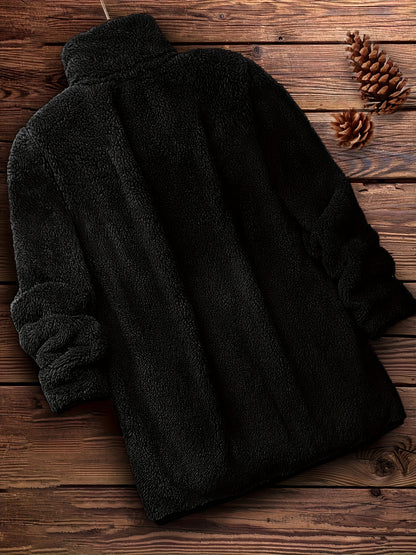 Plus Size Solid Color Fuzzy Coat, Casual Zipper Front Long Sleeve Warm Outerwear For Fall & Winter, Women's Plus Size Clothing