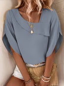 Solid Color Asymmetrical Neckline Straight Hem Blouse with Ruffle Sleeves