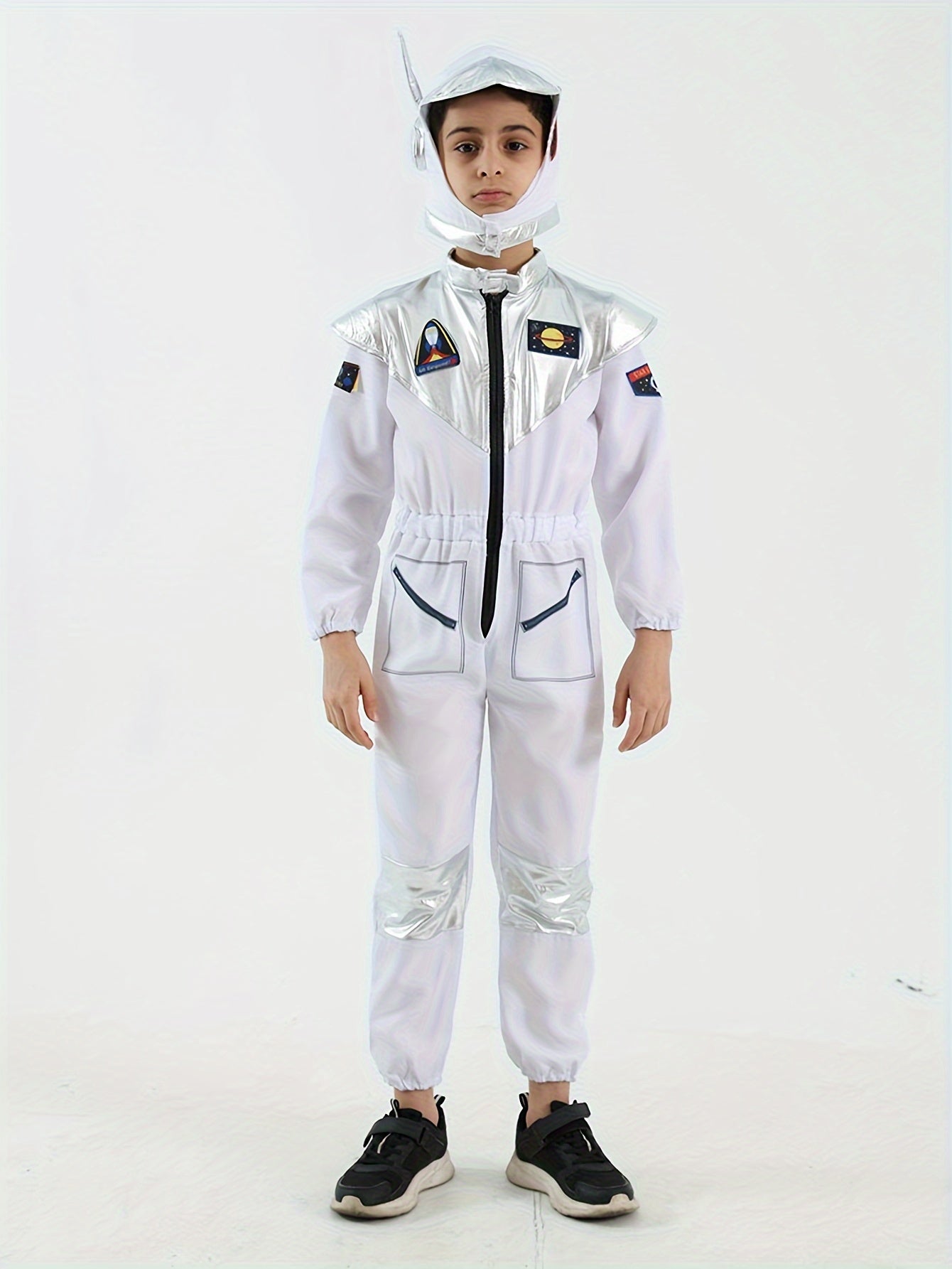 Boy's Cartoon Astronaut Cosplay Costume, Halloween Dress Up One-piece Jumpsuit & Hat, Kid's Dress Up Outfit For Carnival Party Performance