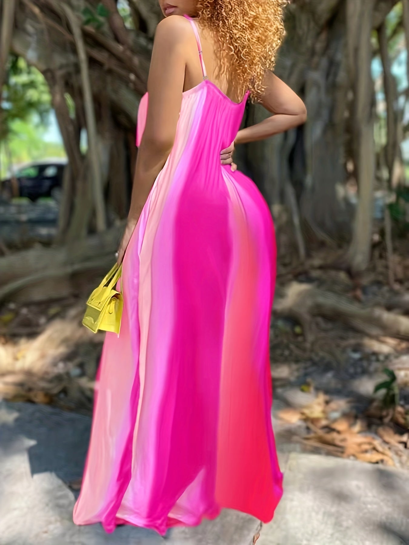Vestido largo holgado con escote en V y efecto tie-dye, talla grande, elegante, ligeramente elástico, para mujer.