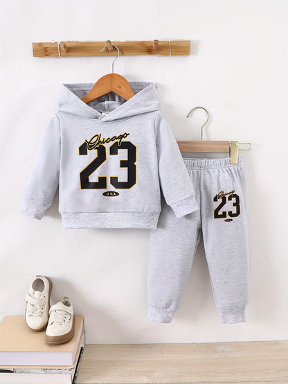 Baby Boy's Autumn And Winter Chicago 23 Print Hooded Sweatshirt + Pants Outdoor Set, 2pcs Comfy Trendy Outfits For For Outdoor Play And Daily Life