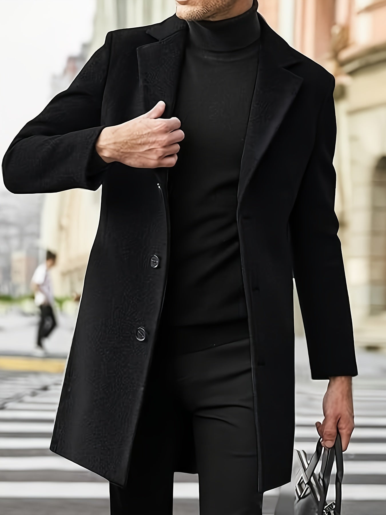 Men'S Classic Single-Breasted Trench Coat, Polyester 100% Solid Color, Casual Lapel Collar, Regular Fit, Non-Stretch Woven Fabric, Business Casual Fall/Winter Outerwear
