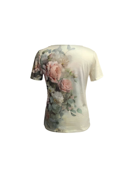 Floral Print V-neck T-Shirt, Vintage Short Sleeve T-Shirt For Spring & Summer, Women's Clothing