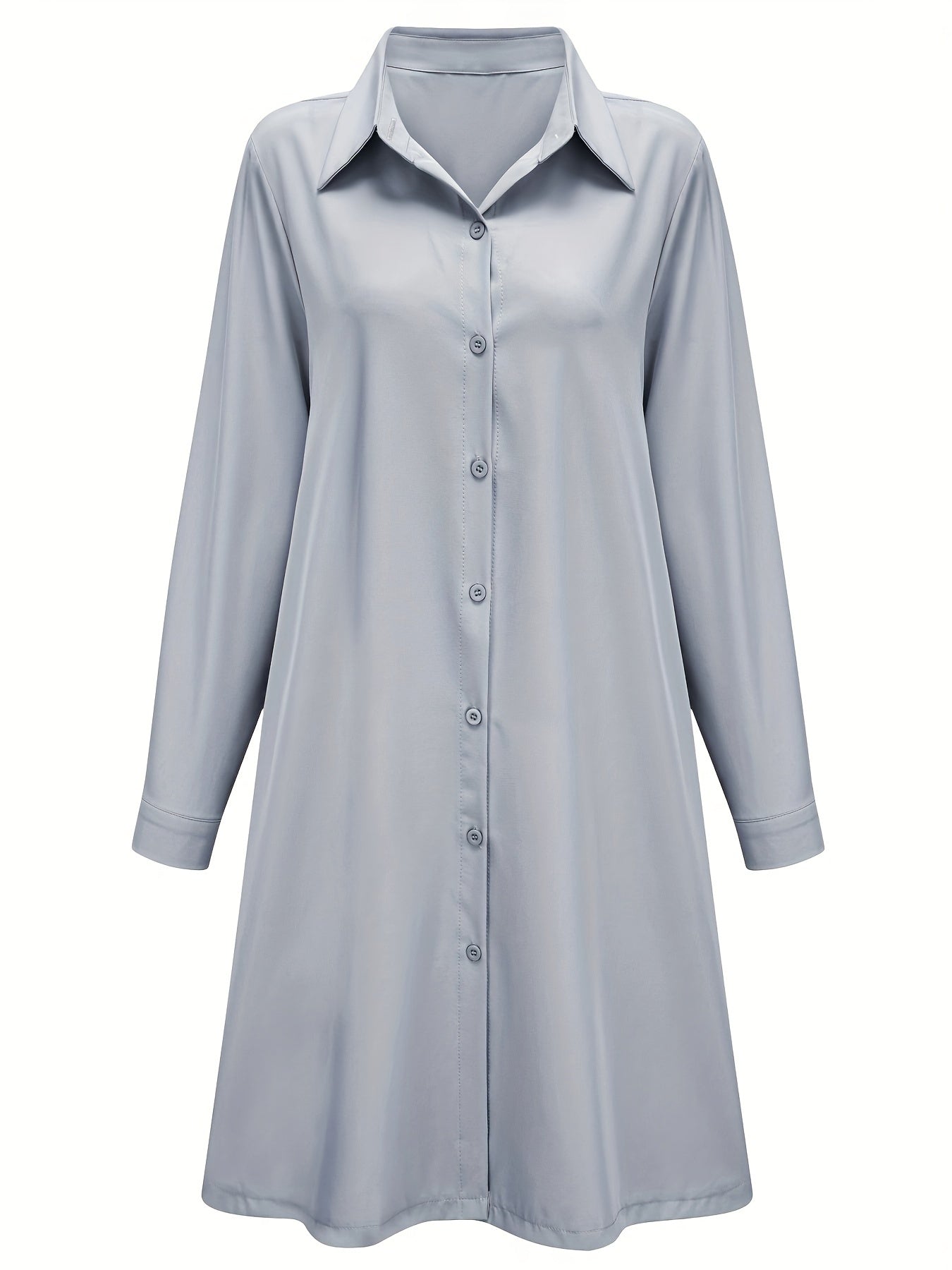 Plus Size Casual Dress, Women's Plus Solid Button Up Long Sleeve Turn Down Collar Shirt Dress