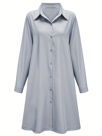 Plus Size Casual Dress, Women's Plus Solid Button Up Long Sleeve Turn Down Collar Shirt Dress