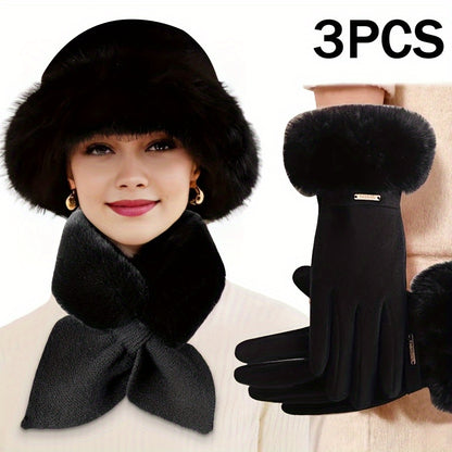 Winter Warmth Set for Women - 3pcs Fashionable Gloves, Scarf, and Hat Combo, Thick Fleece Lining, Perfect for Cold Weather & Outdoor Activities, Ideal Christmas or Valentine's Gift