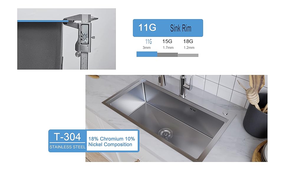 MEJE 80 x 46 Cm Drop-in 11 Gauge Stainless Steel Workstation Kitchen Sink ,Large Single Bowl, Color Black，Grey