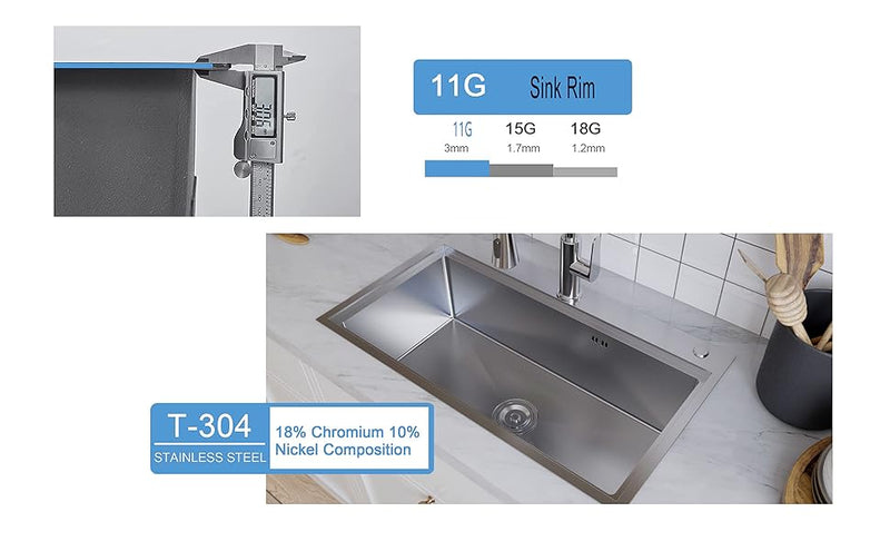 MEJE 80 x 46 Cm Drop-in 11 Gauge Stainless Steel Workstation Kitchen Sink ,Large Single Bowl,  Color Black，Grey