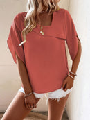 Solid Color Asymmetrical Neckline Straight Hem Blouse with Ruffle Sleeves