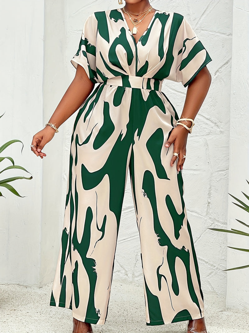 Plus Size, Women's Plus Size Batwing Sleeve Belted Print Jumpsuit