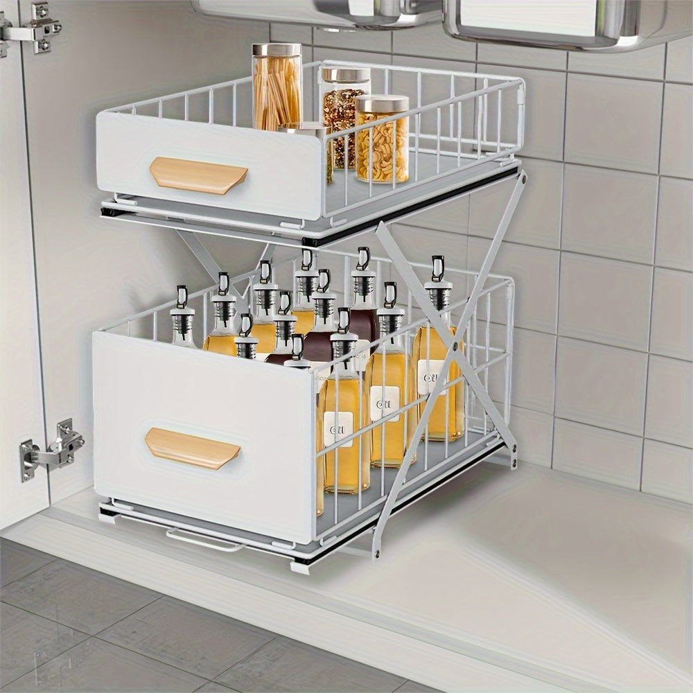 Closet Folding Storage Rack, 2-Layer Pull-Out Spice Rack, Wooden Handle, For Sink Countertop Closet, 26x40x43cm