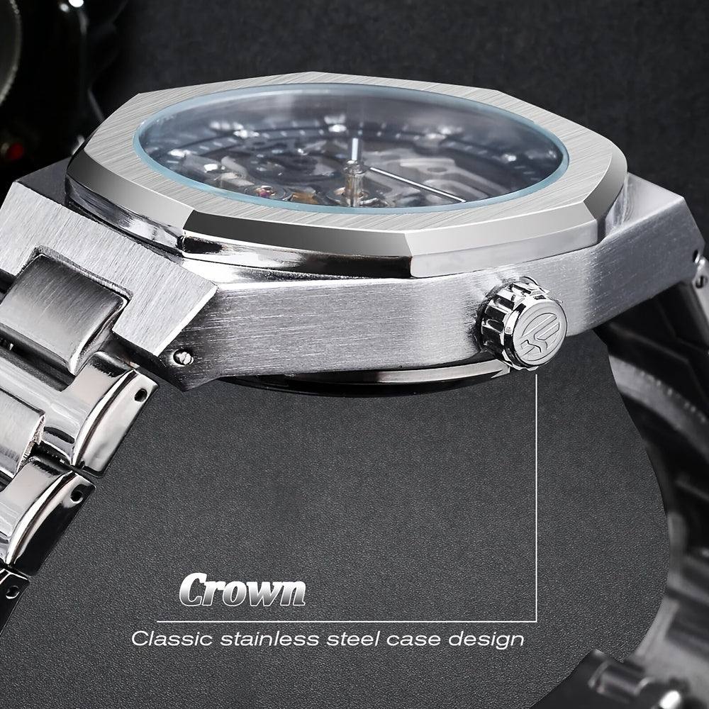 Reloj mecánico automático para hombre: esqueleto de diamantes de imitación 3D, acero inoxidable, estilo deportivo y profesional, regalo perfecto.